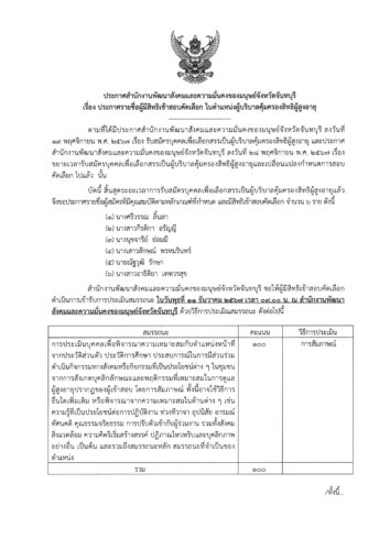 สำนักงานพัฒนาสังคมและความมั่นคงของมนุษย์จังหวัดจันทบุรี ขอประกาศรายชื่อผู้มีสิทธิเข้าสอบคัดเลือก ในตำแหน่ง ผู้บริบาลคุ้มครองสิทธิผู้สูงอายุ